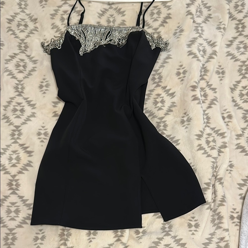 Dynamite Black Slip Mini Dress with Rhinestone Neckline